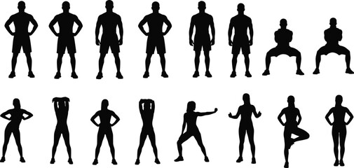 Fitness silhouette poses, workout exercise positions, yoga, stretching, bodybuilding, strength training, gym posture, athletic lifestyle, sports, health