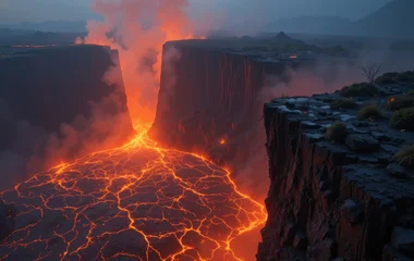 Fototapete Bordeaux Volcanic landscape with flowing lava and dramatic cliffs under a moody sky.  © Rajesh