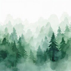 Fototapeta premium Misty Watercolor Forest Landscape with Morning Fog for Minimalist Wall Art