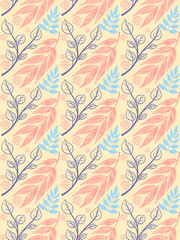 Leaf tropical seamless pattern line art element abstract.Leaves botanical hand drawn pastel color vector background.Foliage outlines flat style autumn illustration.Design for print,textile,wrap,paper.