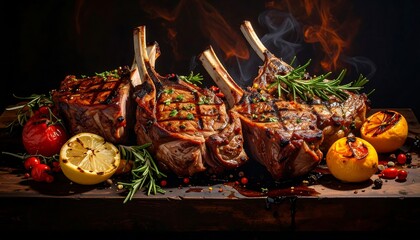 Juicy grilled steaks with rosemary, lemon, and roasted vegetables, beautifully arranged on a dark wooden board, evoke a culinary masterpiece.