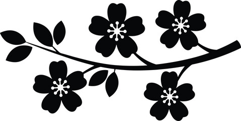 vector silhouette, cherry blossom twig with three flowers and small leaves, solid black