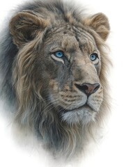 Obraz premium Front-view lion portrait tattoo in hyperreal detail with sapphire eyes and fine hair