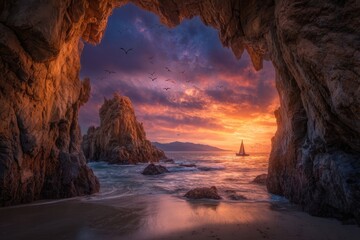 Dramatic Sunset Through Cave Opening On Rocky Beach