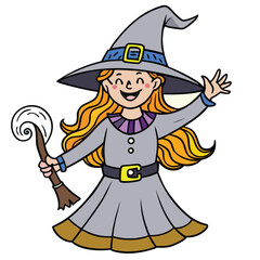 Whimsical young witch with flowing blonde hair waves hello holding a broomstick