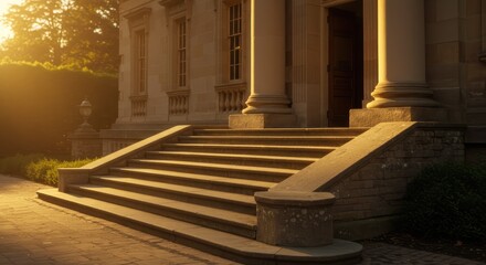 Classic stone steps leading to a grand, sunlit building
