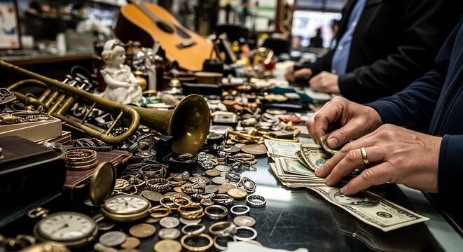 The Price of Possessions: Hands Counting Dollars at a Crowded Pawn Shop Counter