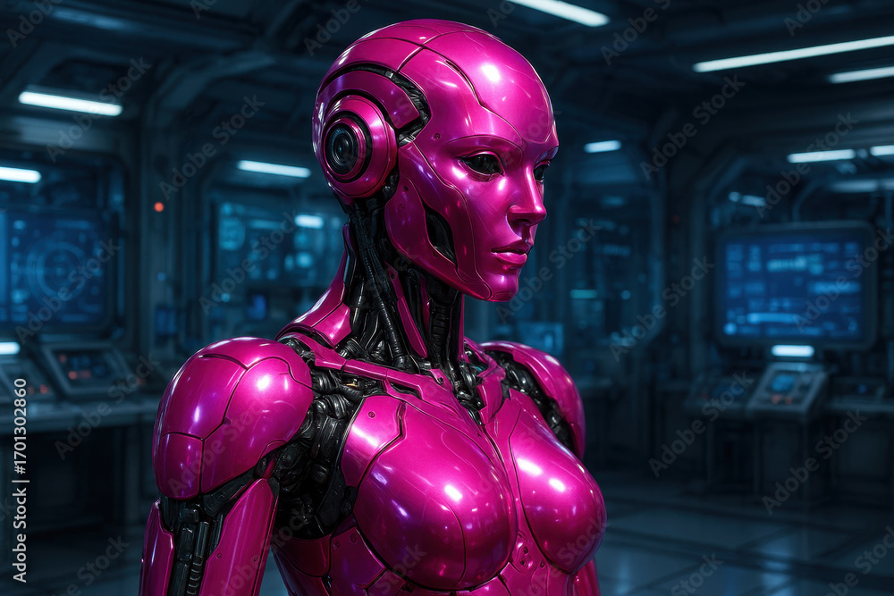 Poster futuristic android in cyberpunk world: a sleek, pink android, stands with a pensive expression again