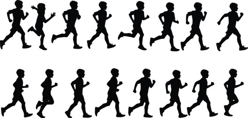 Silhouette of children running in sequence, sports activity illustration, boy jogging silhouette, kids exercise movement, healthy lifestyle concept