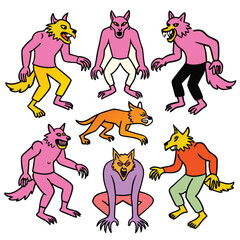 Cartoon werewolves with unique personalities and colorful outfits, perfect for Halloween designs