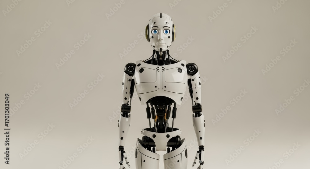 Poster futuristic android: a sleek, humanoid robot with intricate design and advanced technology, poised to