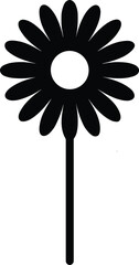 vector silhouette, daisy round center with evenly spaced petals, single stem, solid black