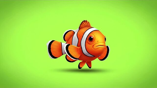 Orange and white clownfish swimming against a lime green background.