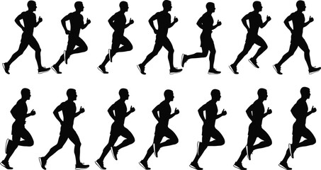Silhouette of man running, jogging, fitness exercise, athletic training, sport workout, black runner icons, health lifestyle, marathon illustration vector