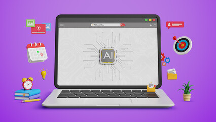 Smart AI agent or personal assistant, AI powered workflow, Big data integration, digital marketing, AI data management concept. 3D laptop with AI microchip and marketing icons