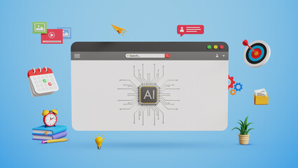 AI technology, Artificial intelligence for business. AI driven workflow, Automating data management, Ethical AI, Big data integration concept. 3D AI circuit microchip on web with marketing icons