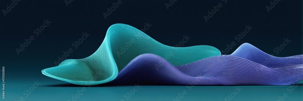 Poster abstract teal and purple textured waves flow against dark background forming smooth curved shapes cr