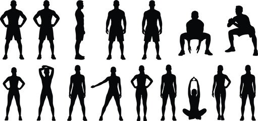 Silhouette of men and women fitness poses, workout exercise, stretching, squats, standing posture, gym training, health lifestyle vector illustration