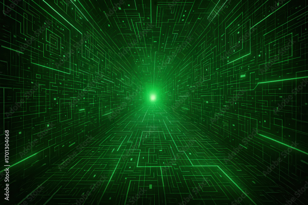 Poster digital data tunnel: an immersive view into a network, showcasing intricate lines of data flowing th