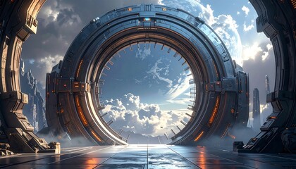 A massive, metallic ring-shaped portal opens to a breathtaking vista of a distant planet and cloudy sky.