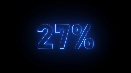Neon blue 27 percent sign on black background twenty seven percent