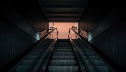 Obraz premium Escalator ascending to light urban subway station photography dark environment low angle view urban exploration