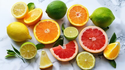 Fototapeta premium Colorful Citrus Fruits Sliced Lemons Limes Oranges Grapefruit on White Marble Surface