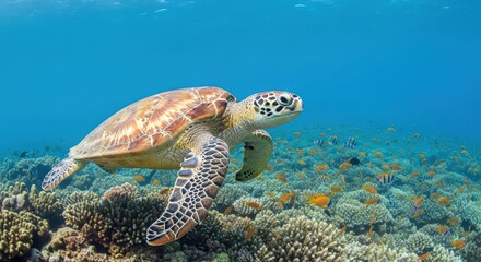Fototapeta premium A beautiful sea turtle swims gracefully above a vibrant coral reef in the ocean.
