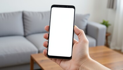 Showcasing a hand-held smartphone in a cozy living room setup modern technology casual environment