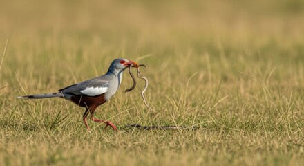 Obraz premium A grey bird with a red beak and white wing patches carries a captured snake across a grassy field.