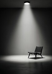 The Illuminated Throne: A single, modern chair stands dramatically under a focused beam of light in a minimalist, grayscale setting, highlighting both its form and the interplay of light and shadow.