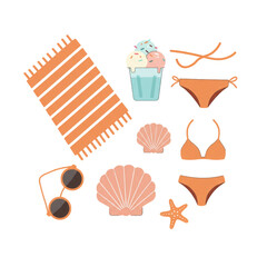 Vibrant Flat Design Collection of Beach Holiday Items in Playful Summer Aesthetic