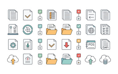 Modern Icon Set Illustrating Document Management File Transfer Processes and Data Storage for Business and IT Solutions