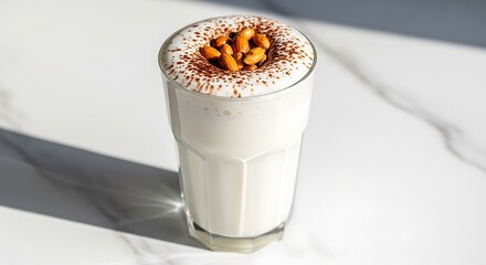 A refreshing creamy milkshake with foam and nut topping on top