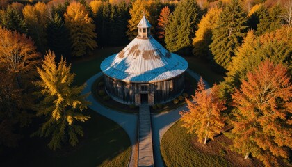 Obraz premium Autumn scenic view of circular pavilion surrounded by colorful trees aerial photography tranquil nature environment
