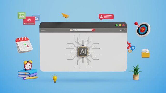AI technology, Artificial intelligence for business. AI driven workflow, Automating data management, Ethical AI, Big data integration. Big AI microchip on web with marketing icons. 4K 3D animation