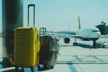 
Two suitcases on the airport floor with an airplane in the background, in a stock photo style, with a blurred blue sky and window frame.