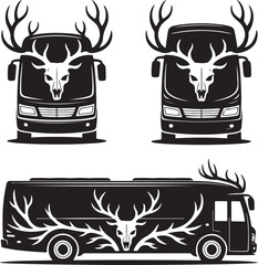 Black and white illustration of a bus with deer skull and antlers graphic coach vehicle