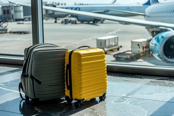 
Two suitcases on the airport floor with an airplane in the background, in a stock photo style, with a blurred blue sky and window frame.