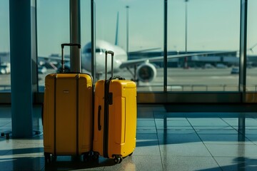 
Two suitcases on the airport floor with an airplane in the background, in a stock photo style, with a blurred blue sky and window frame.