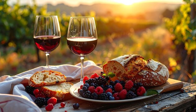 A delightful outdoor scene showcases a selection of fresh bread, vibrant berries, and two glasses of red wine, bathed in the warm glow of the setting sun.