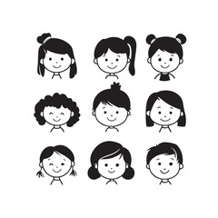 Set of vector icons of little kids hairstyles, featuring a variety of cute and varied hairstyles for boys and girls.