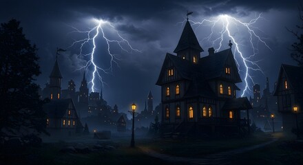 Stormy night scene gothic house silhouette with lightning and moody sky