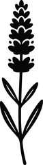 vector silhouette, lavender sprig vertical with stacked florets and thin leaves, solid black