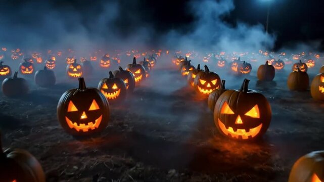 A vast field filled with an army of glowing Jack-o'-lanterns with sinister carved faces, emerging from the spooky fog on a dark Halloween night