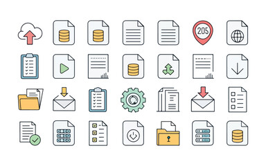 Set of File Management and Data Handling Icons for Digital Design and Software Development