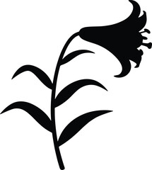 vector silhouette, lily trumpet-shaped bloom, side profile, arched stem and leaves, solid black