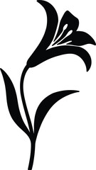 vector silhouette, lily trumpet-shaped bloom, side profile, arched stem and leaves, solid black