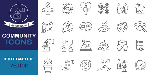 Set of community line icon. Community development icons as village, relationships, support, friendship, social, diversity, people, globe, home and more. Set of editable stroke outline icons symbol.