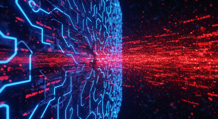 Futuristic cybersecurity concept illustrating a powerful digital firewall breaking under a relentless virus or malware attack